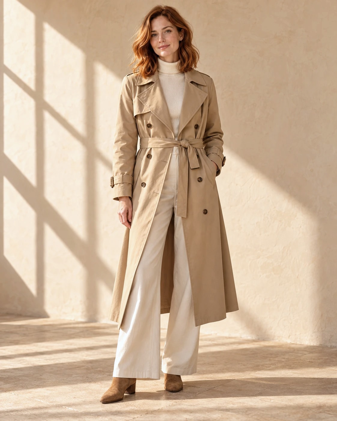 Mujer con gabardina larga beige cruzada con cinturón, jersey de cuello alto crema y botines de ante