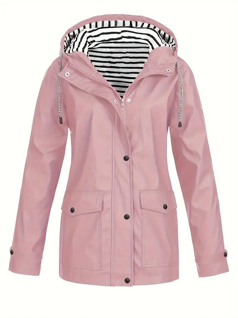 Chaqueta de lluvia para mujer con capucha forrada de rayas en rosa