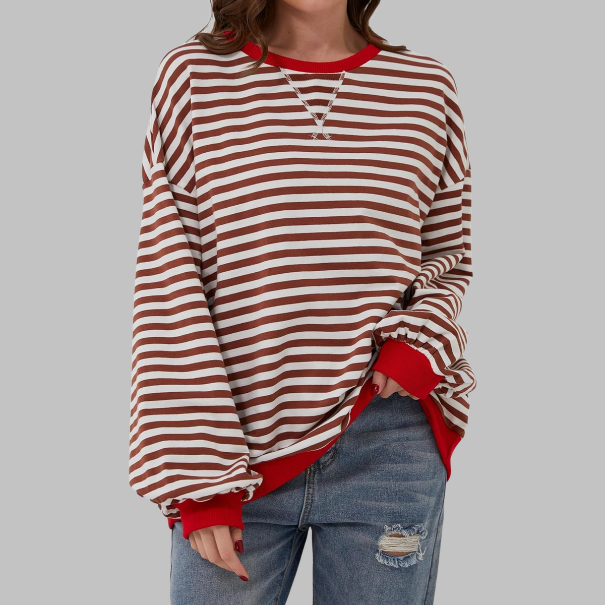 Sudadera de rayas para mujer de manga larga en marrón