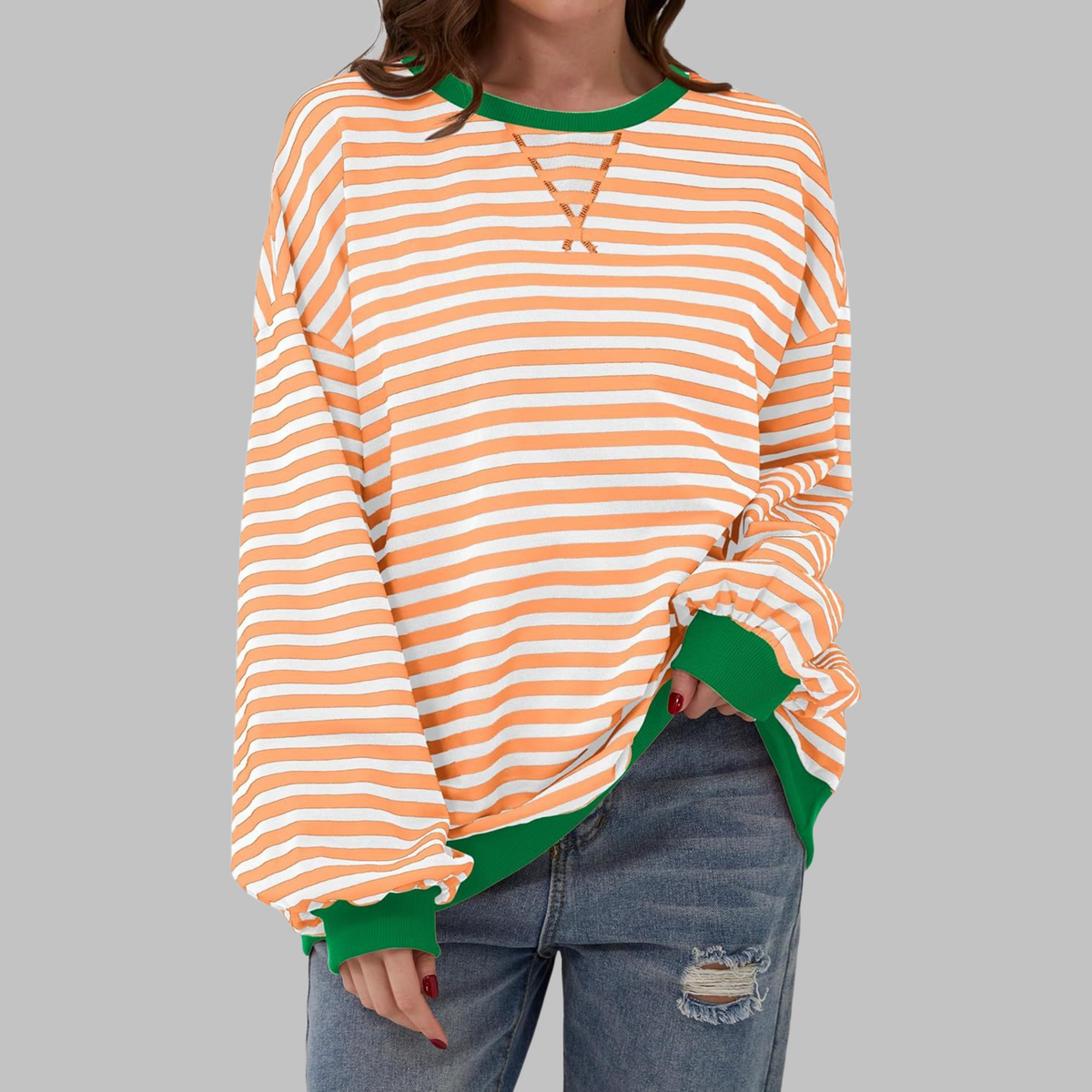 Sudadera de rayas para mujer de manga larga en naranja y verde