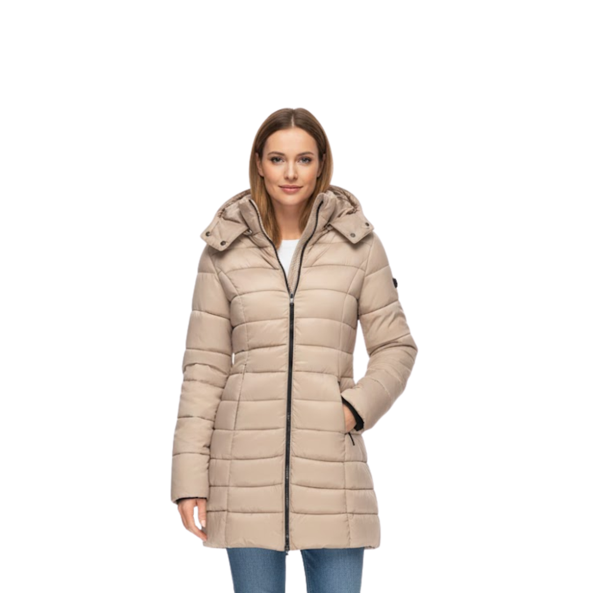 Parka acolchada para mujer de largo medio con capucha