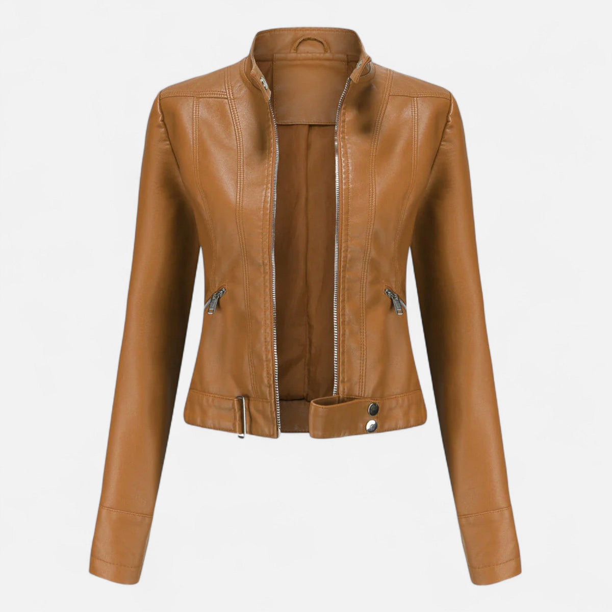 Chaqueta corta para mujer de efecto cuero con cuello alto en camel