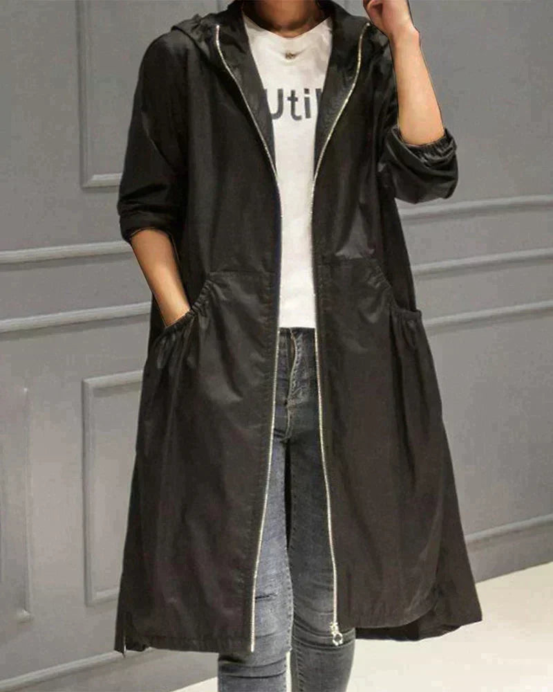 Gabardina larga para mujer con capucha en negro