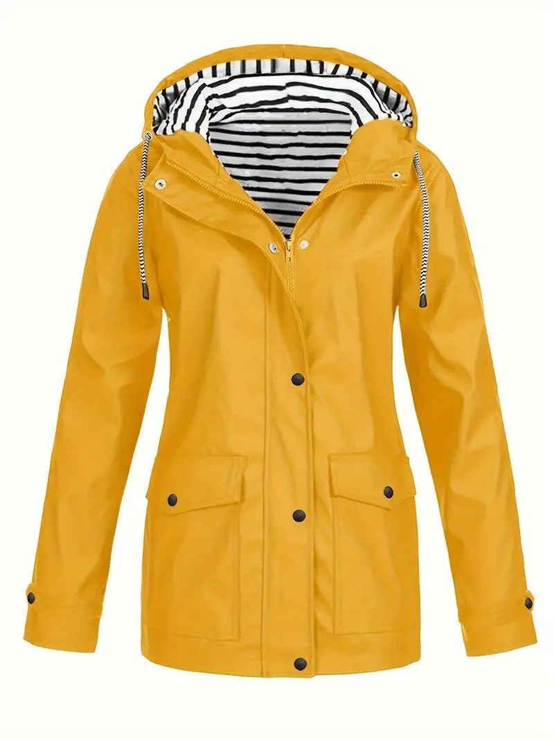Chaqueta de lluvia para mujer con capucha forrada de rayas en amarillo