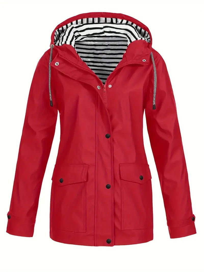 Chaqueta de lluvia para mujer con capucha forrada de rayas en rojo