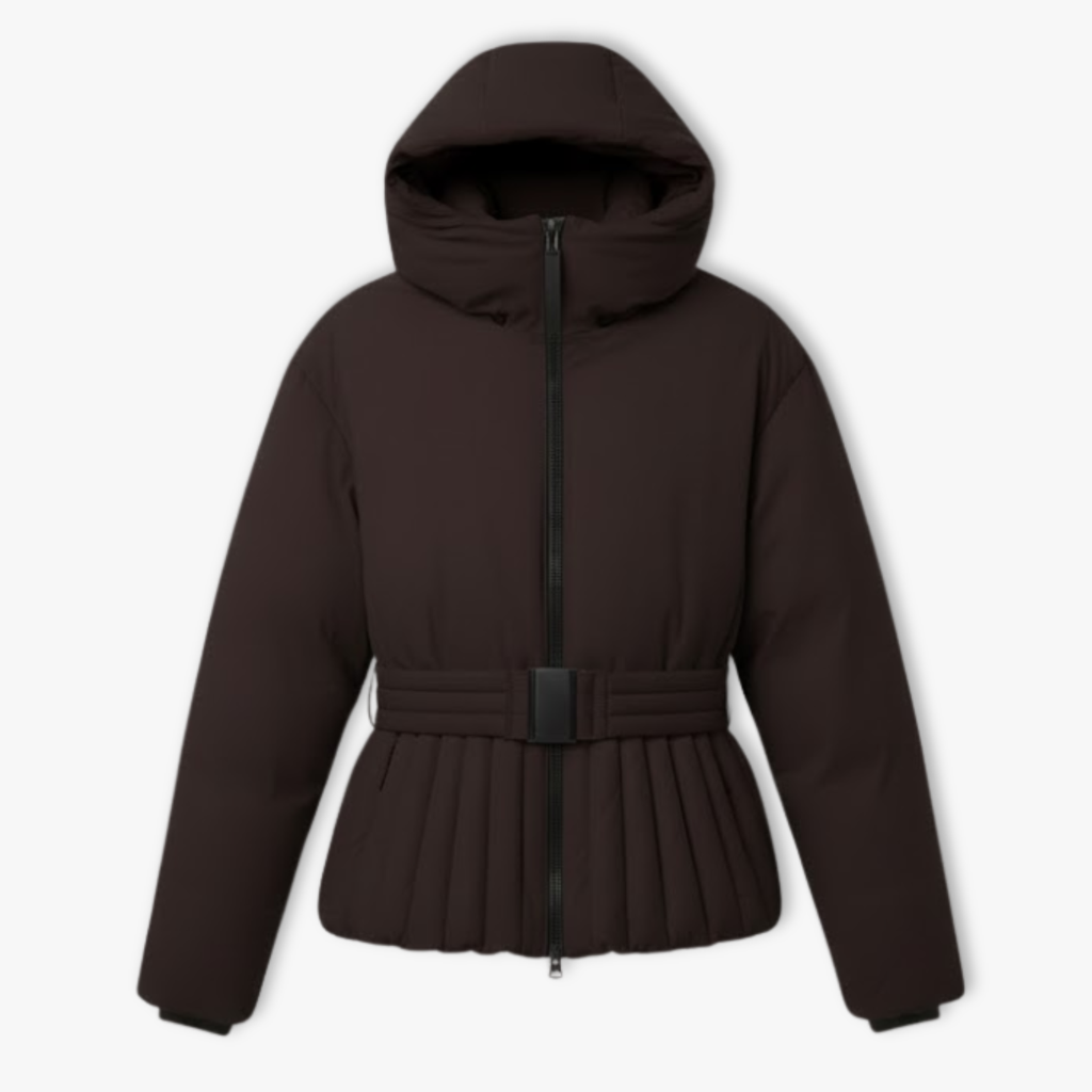 Chaqueta de esquí para mujer con bajo peplum y cuello alto en marrón oscuro