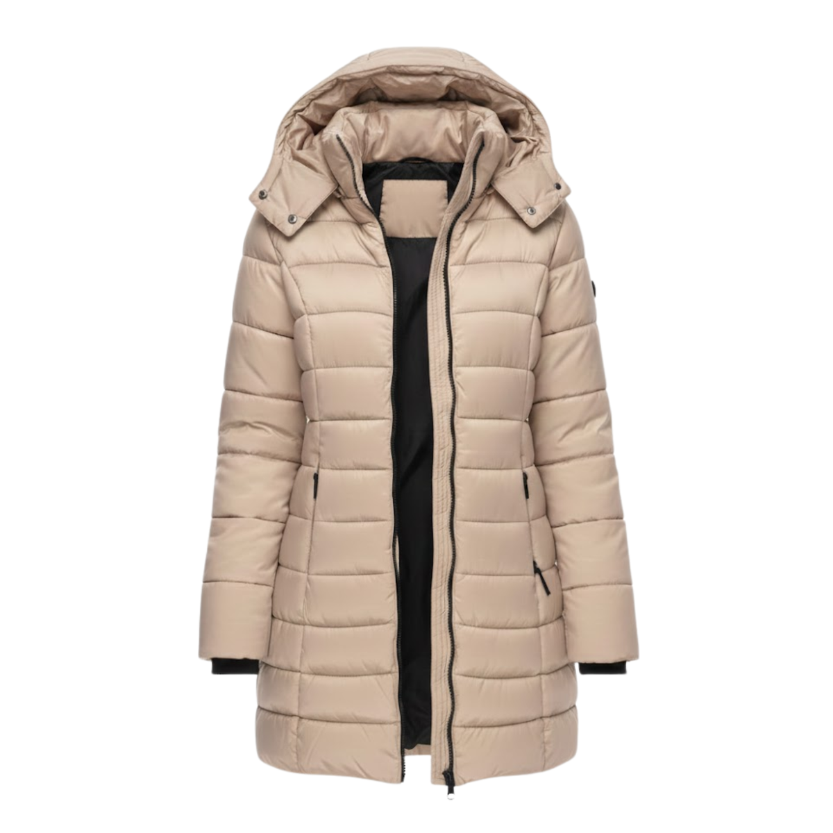 Parka acolchada para mujer de largo medio con capucha en beige
