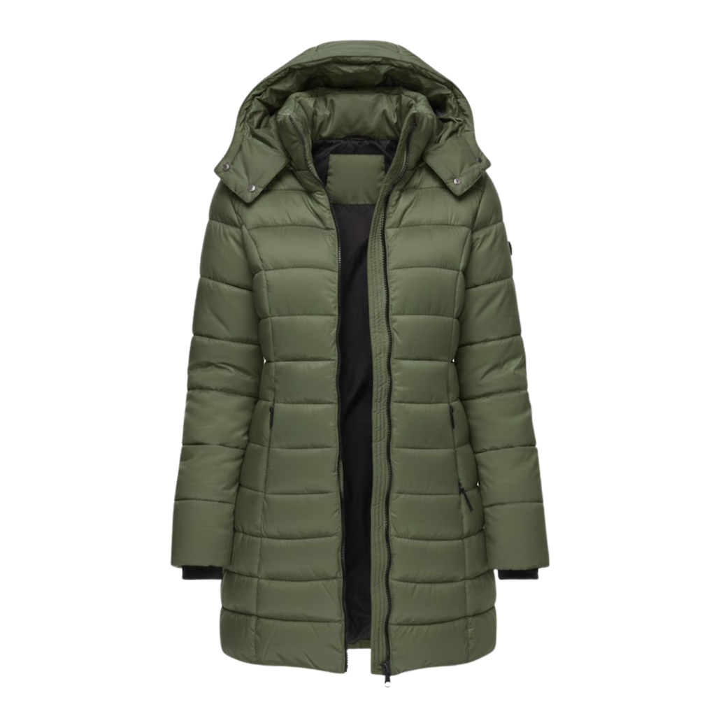 Parka acolchada para mujer de largo medio con capucha en verde oliva