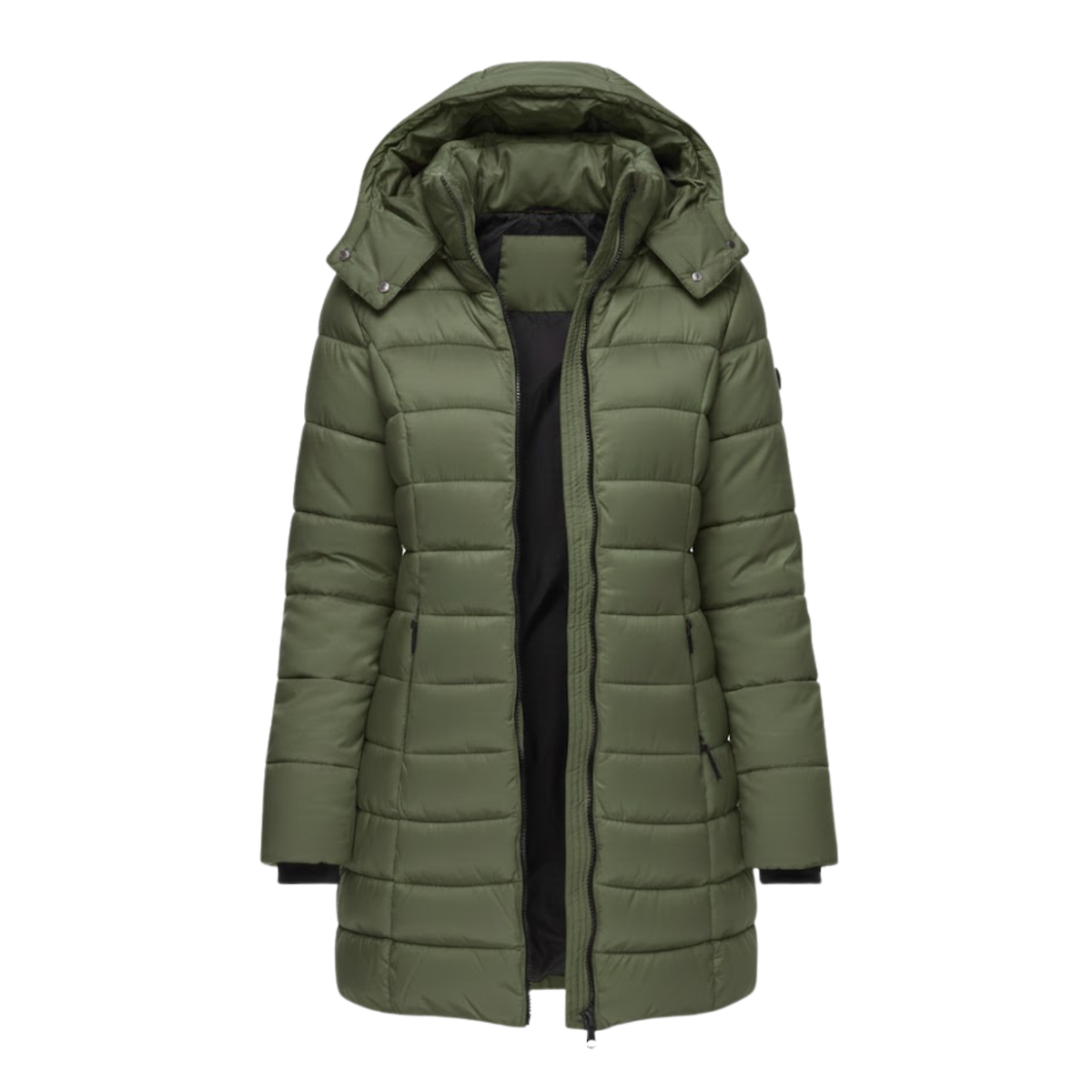 Parka acolchada para mujer de largo medio con capucha en verde oliva