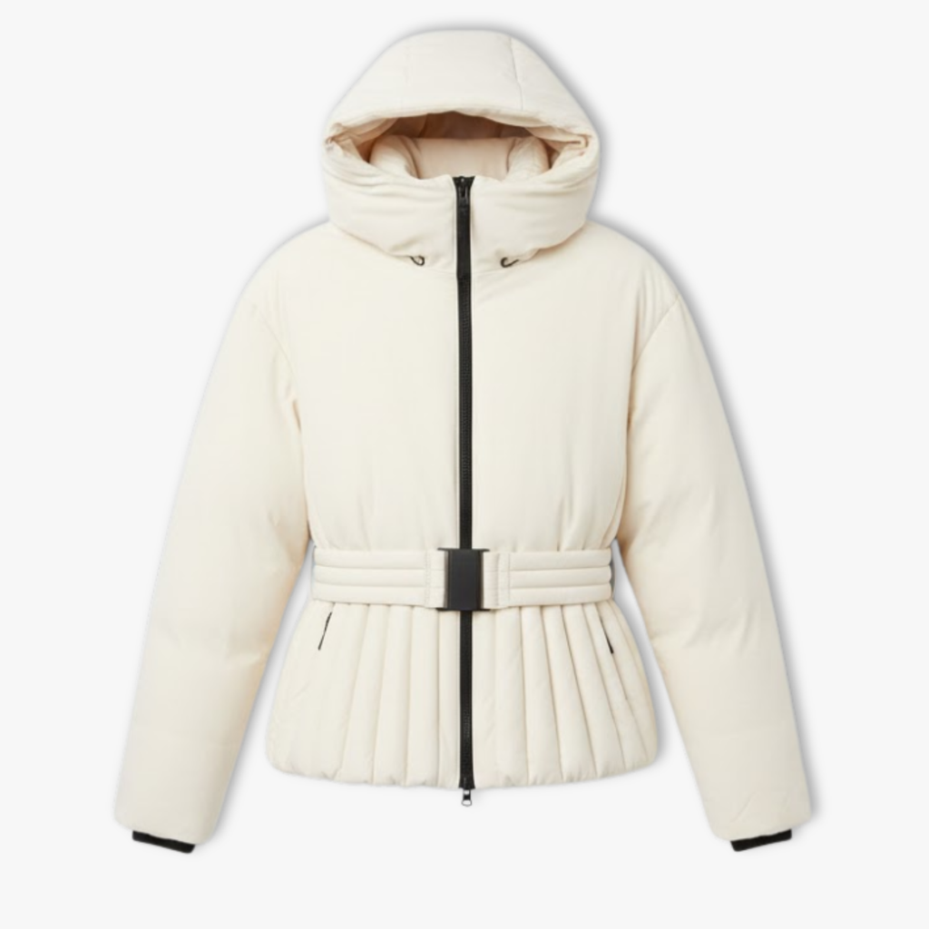 Chaqueta de esquí para mujer con bajo peplum y cuello alto en beige