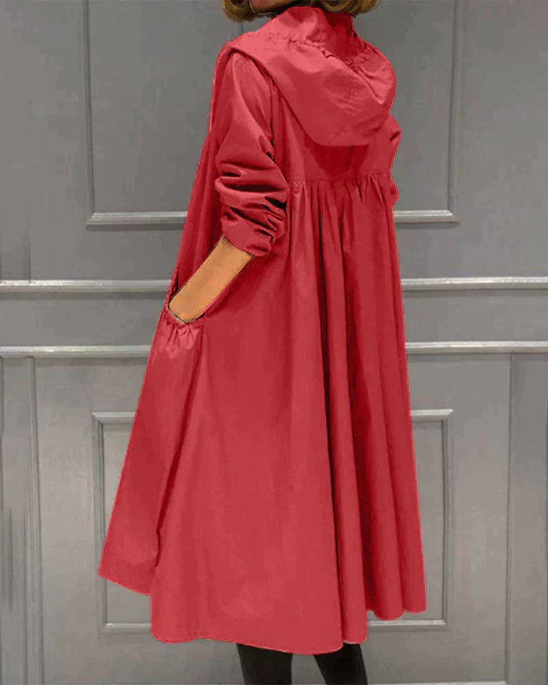 Gabardina larga para mujer con capucha en rojo