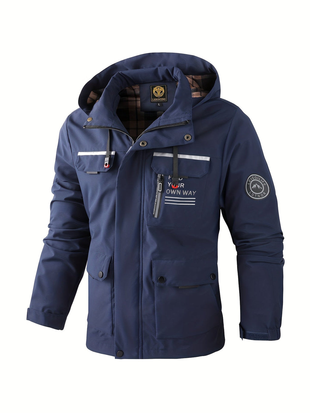 Chaqueta técnica para hombre con capucha y bolsillos en azul marino