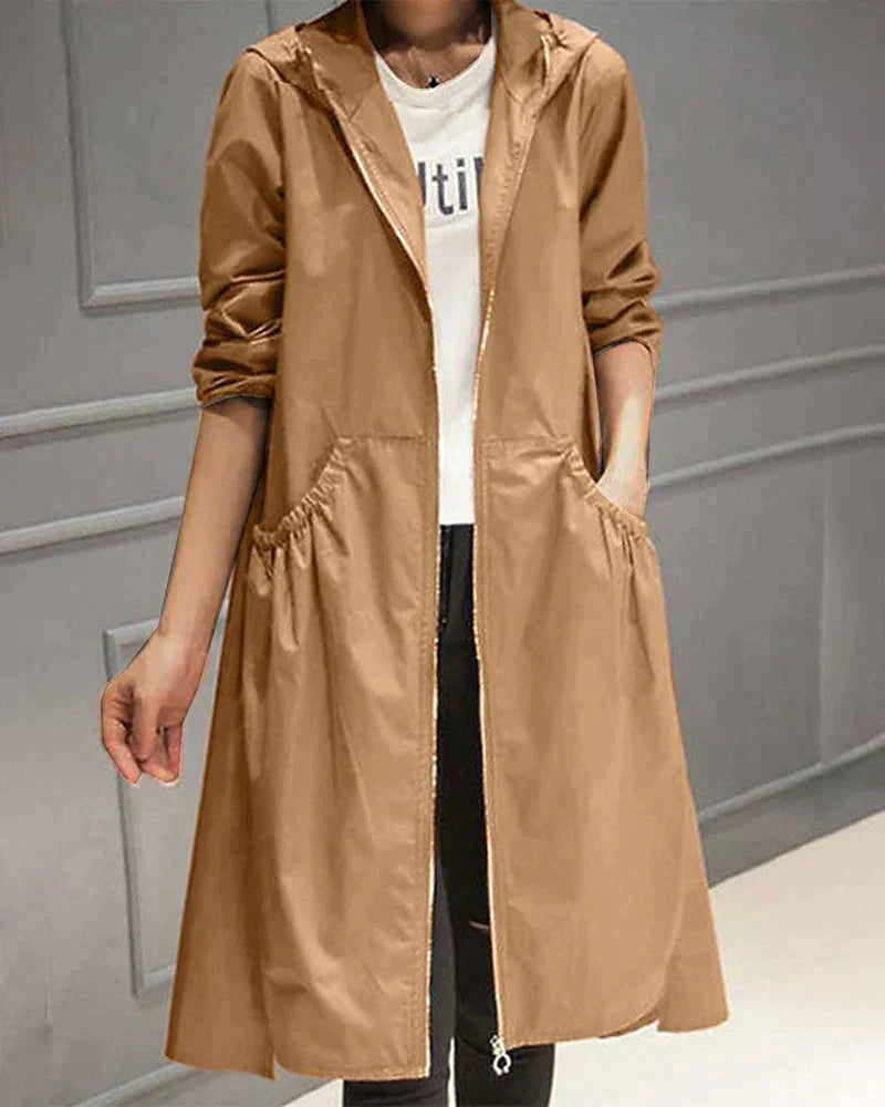 Gabardina larga para mujer con capucha en camel