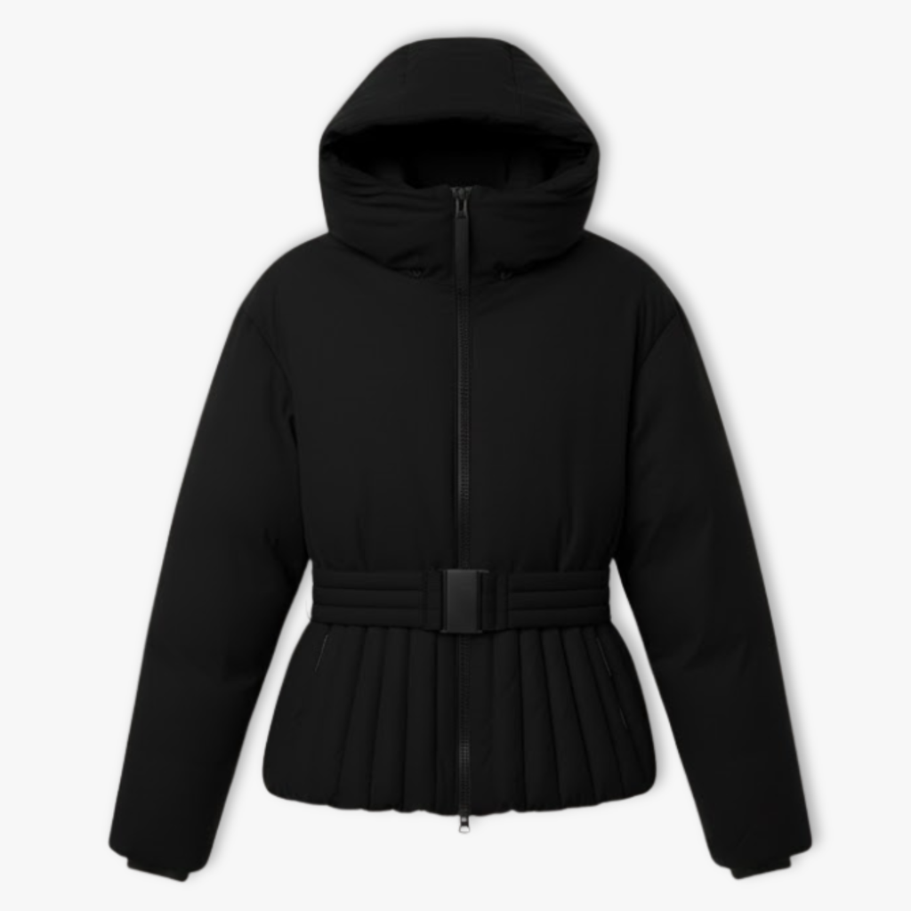 Chaqueta de esquí para mujer con bajo peplum y cuello alto en negro