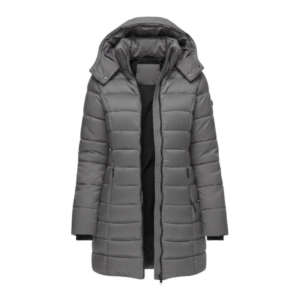 Parka acolchada para mujer de largo medio con capucha en gris