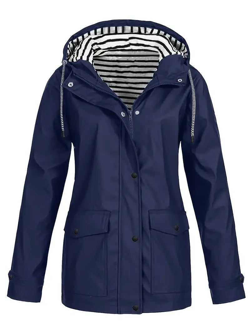 Chaqueta de lluvia para mujer con capucha forrada de rayas en azul marino
