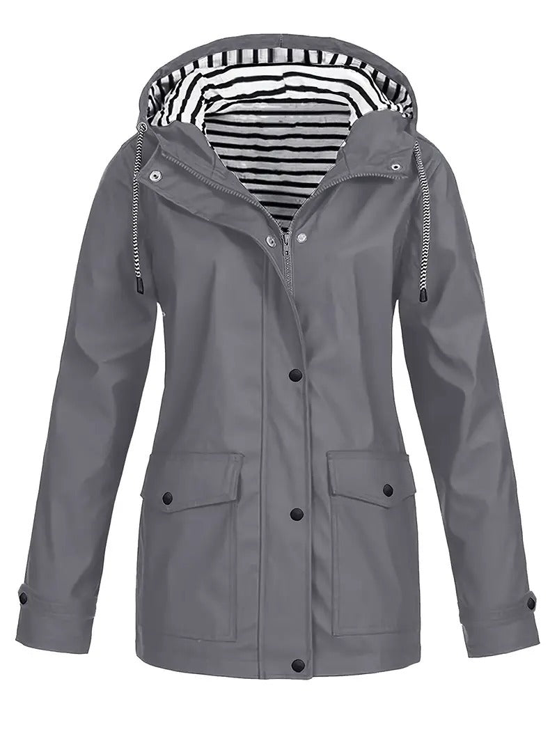 Chaqueta de lluvia para mujer con capucha forrada de rayas en gris