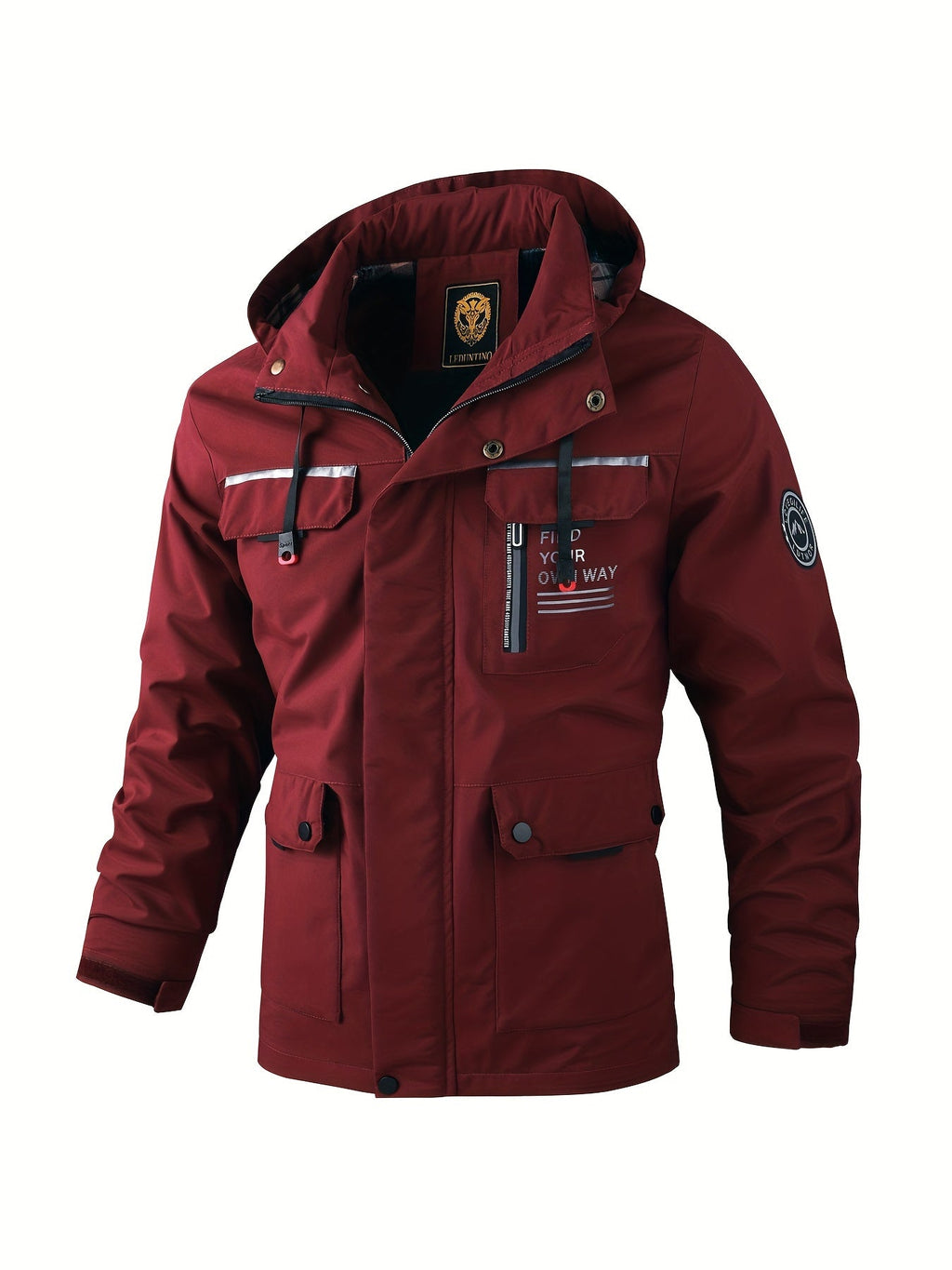 Chaqueta técnica para hombre con capucha y bolsillos en burdeos