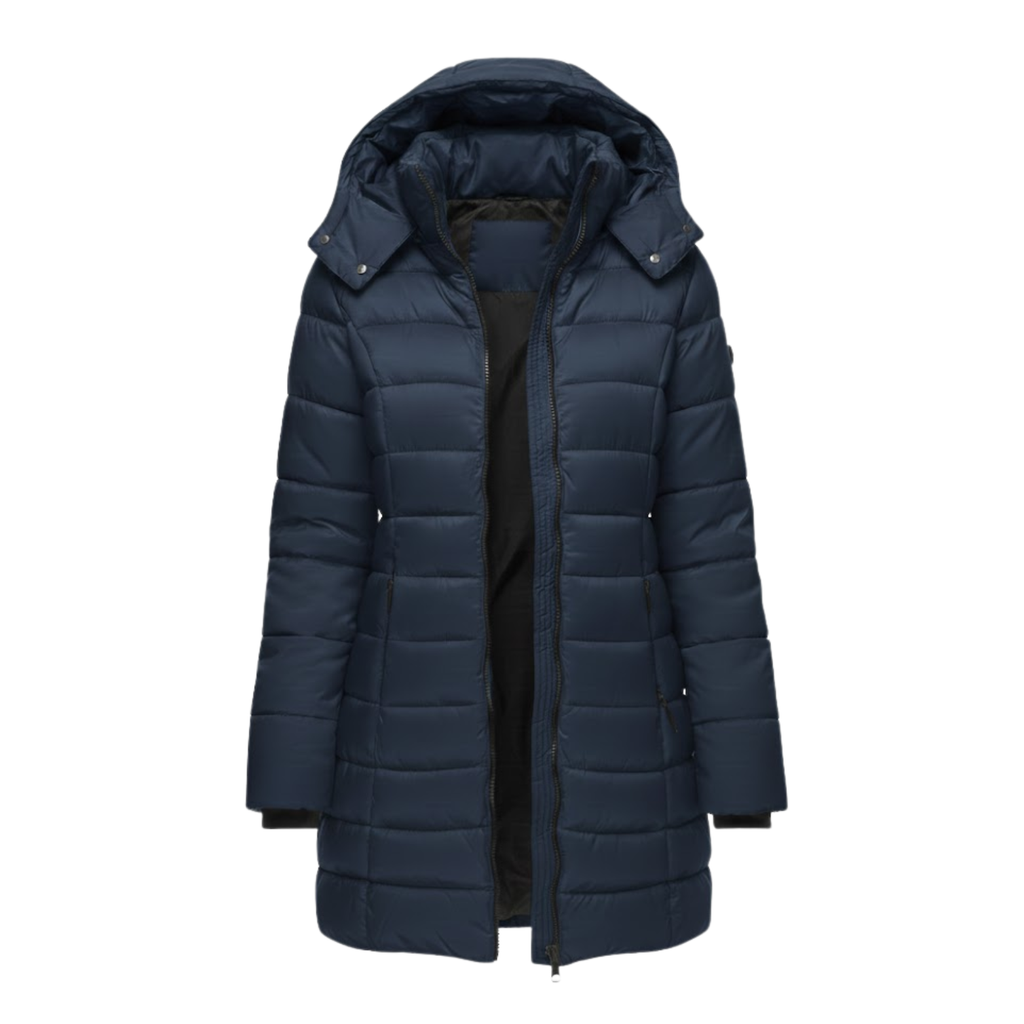 Parka acolchada para mujer de largo medio con capucha en azul marino