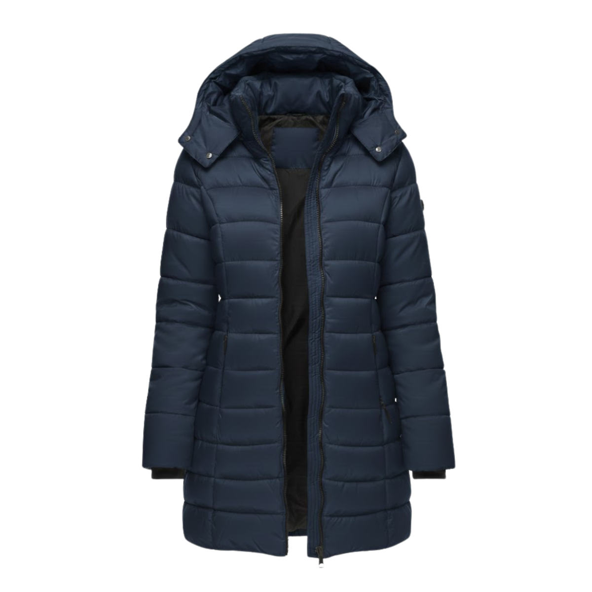 Parka acolchada para mujer de largo medio con capucha en azul marino