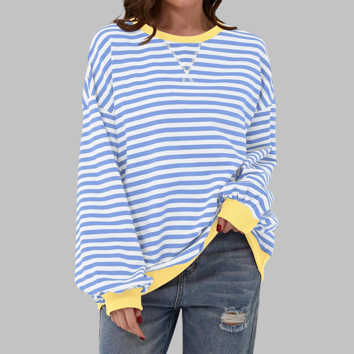 Sudadera de rayas para mujer de manga larga en azul claro