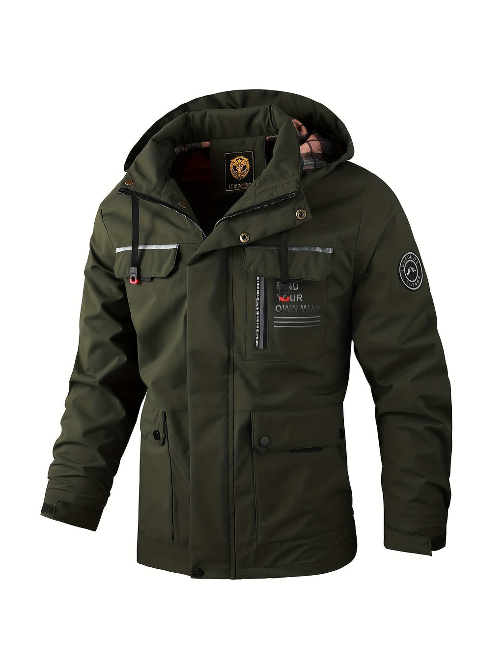 Chaqueta técnica para hombre con capucha y bolsillos en verde oliva