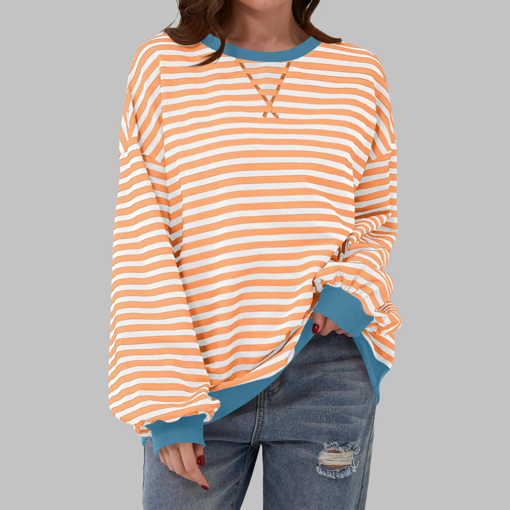 Sudadera de rayas para mujer de manga larga en naranja y azul