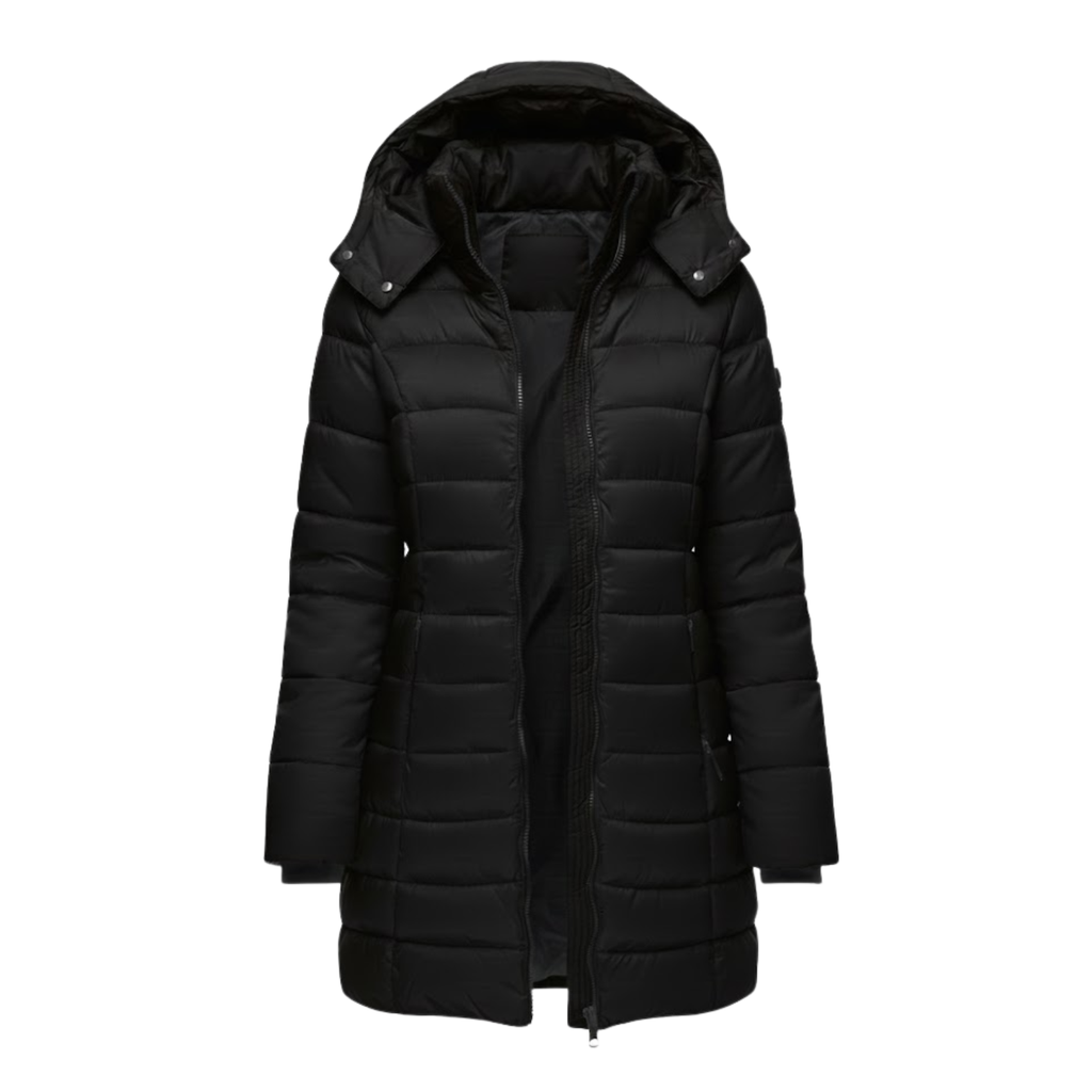 Parka acolchada para mujer de largo medio con capucha en negro