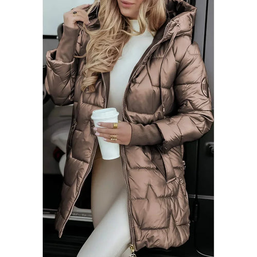 Abrigo acolchado largo con capucha para mujer en topo – vista frontal