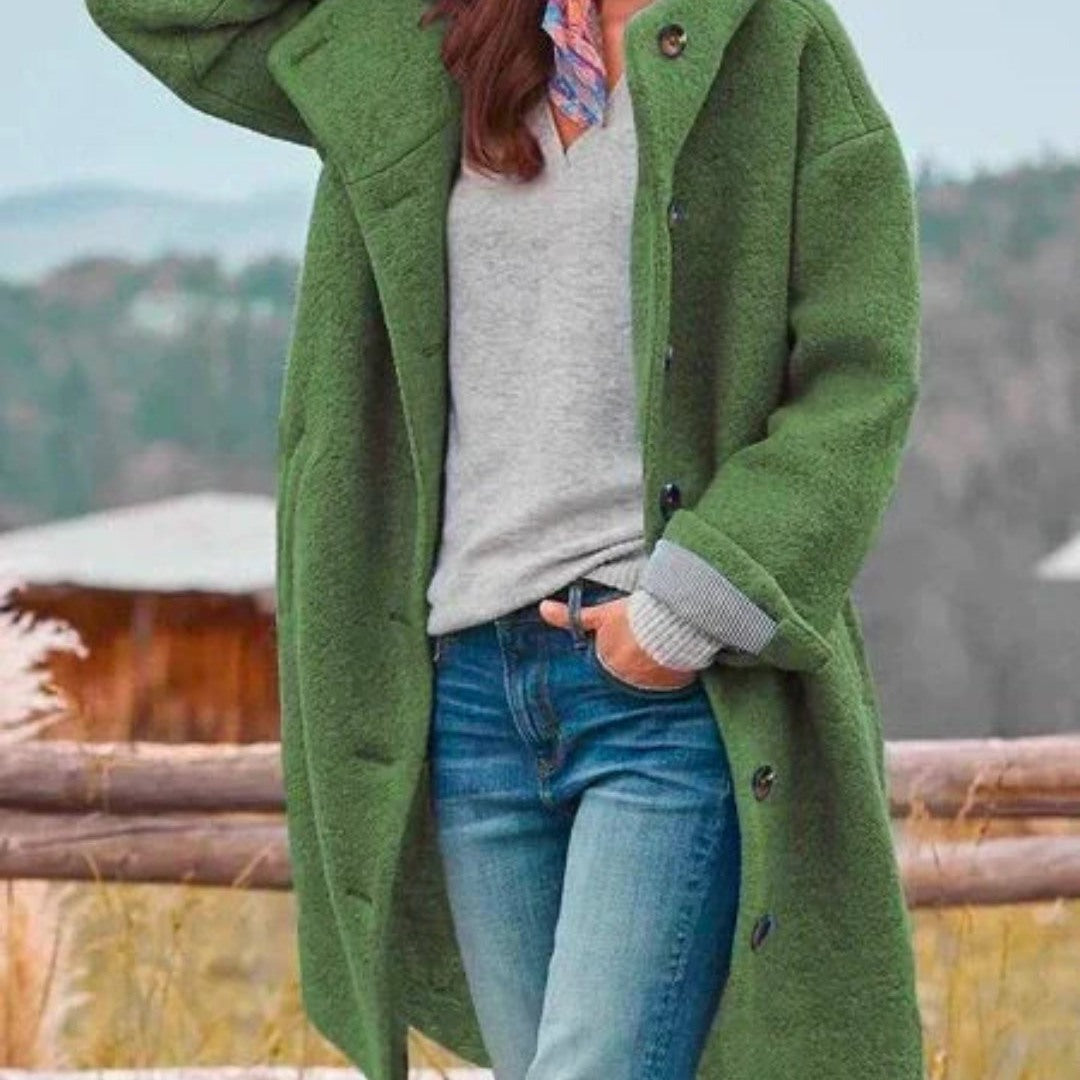 Abrigo con capucha para mujer con botones y bolsillos en verde