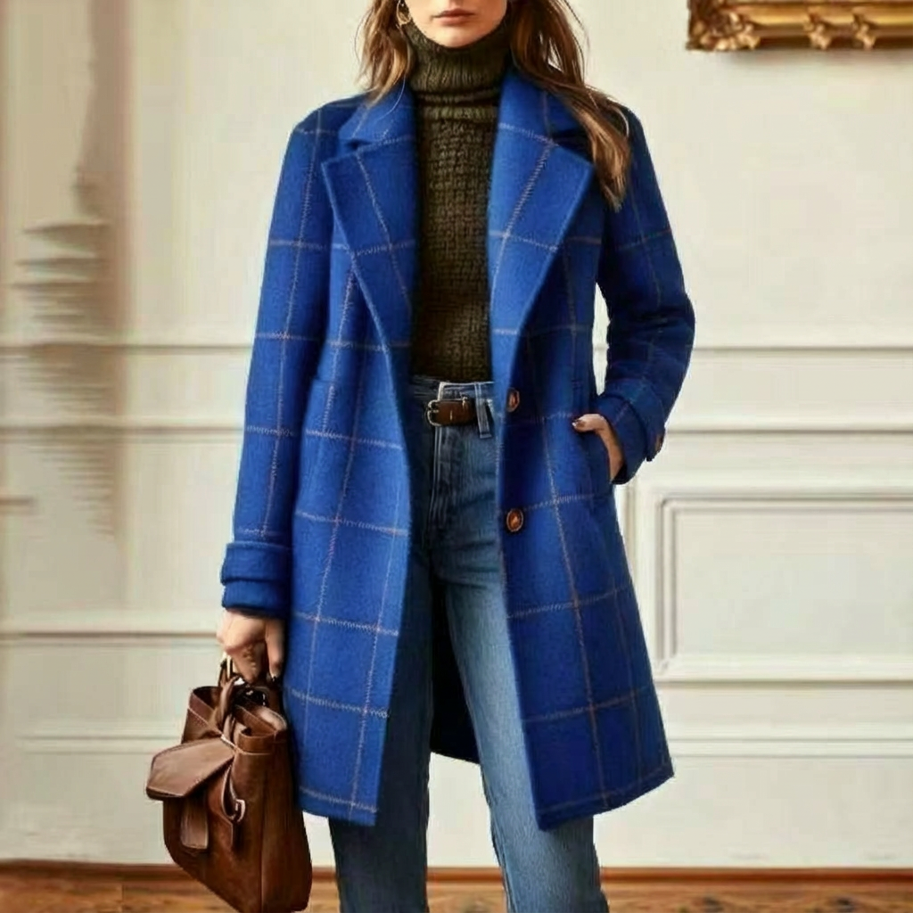 Abrigo de cuadros ventana para mujer con bolsillos en azul, mano en el bolsillo