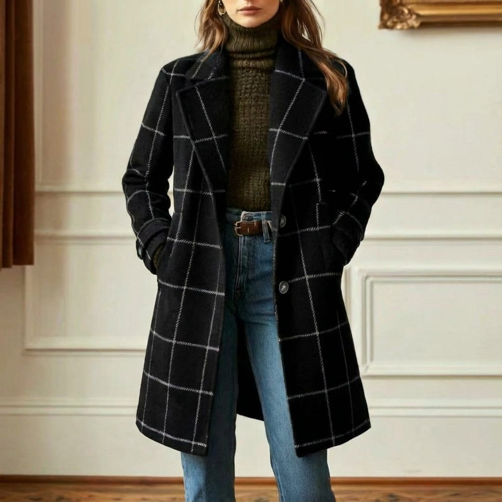 Abrigo de cuadros para mujer con solapas y botones en negro, vista frontal