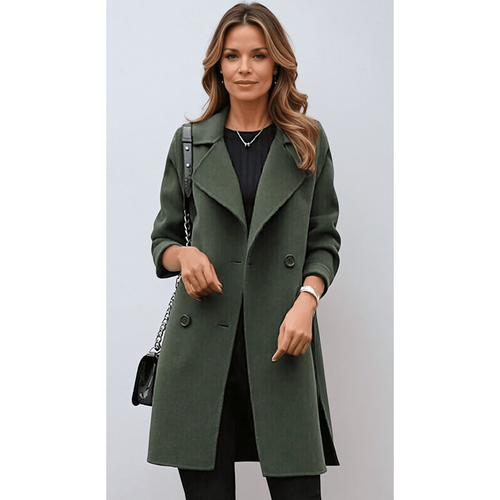 Abrigo largo con solapas anchas para mujer en verde – vista frontal