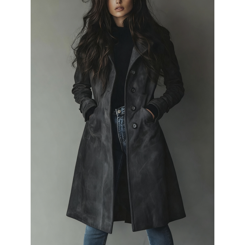 Abrigo largo de efecto ante para mujer en gris oscuro – vista frontal