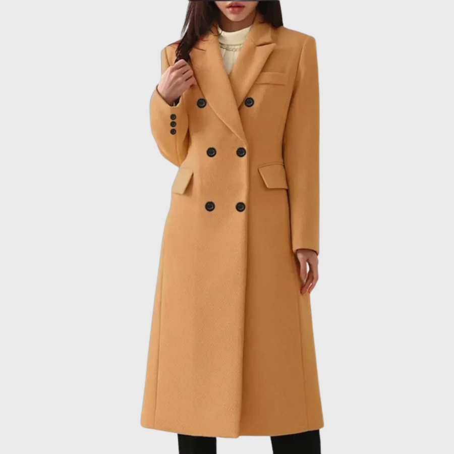 Abrigo largo entallado para mujer con doble botonadura y puños con botones para el invierno