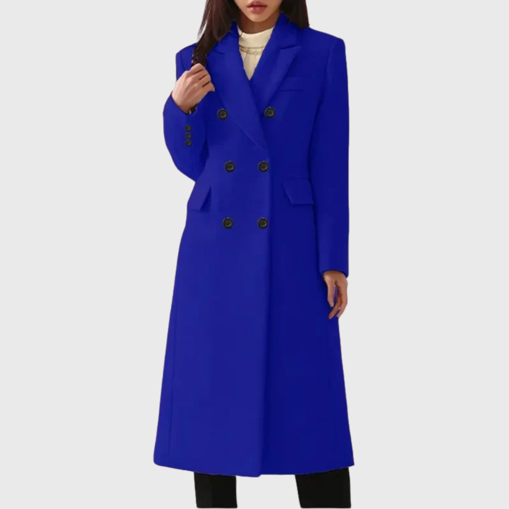 Abrigo largo para mujer con doble botonadura en azul, vista frontal