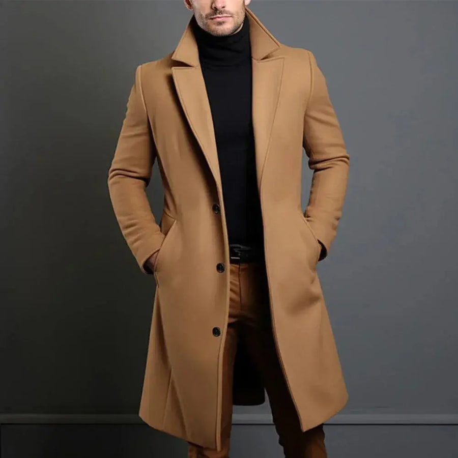 Abrigo largo recto para hombre con solapa de muesca y tres botones para el invierno