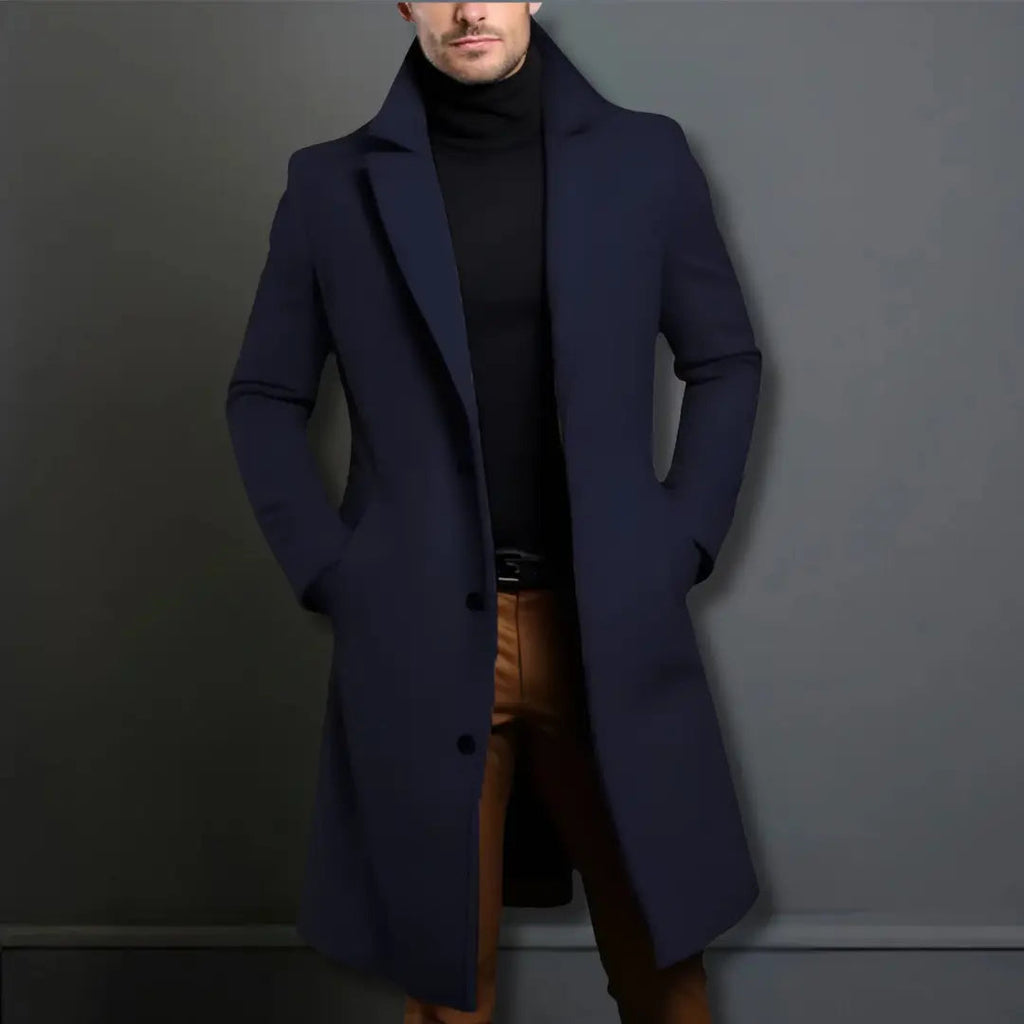 Abrigo largo azul marino para hombre con solapas y botones