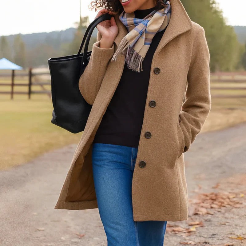 Abrigo para mujer con cuello vuelto y botones en camel