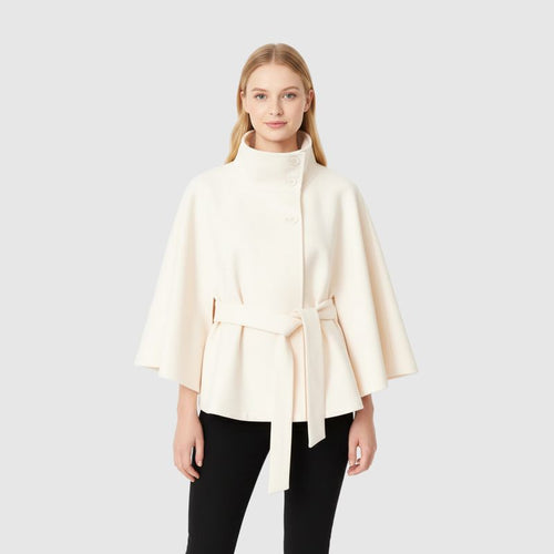 Abrigo para mujer con cuello alto y cinturón en color beige