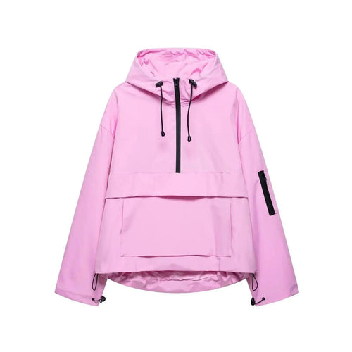 Anorak para mujer con capucha y bolsillo canguro en rosa, vista frontal