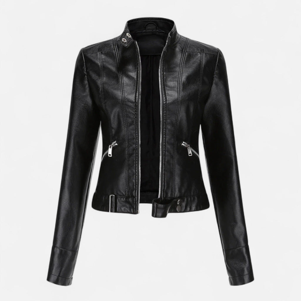 Chaqueta corta para mujer de efecto cuero con cuello alto en negro