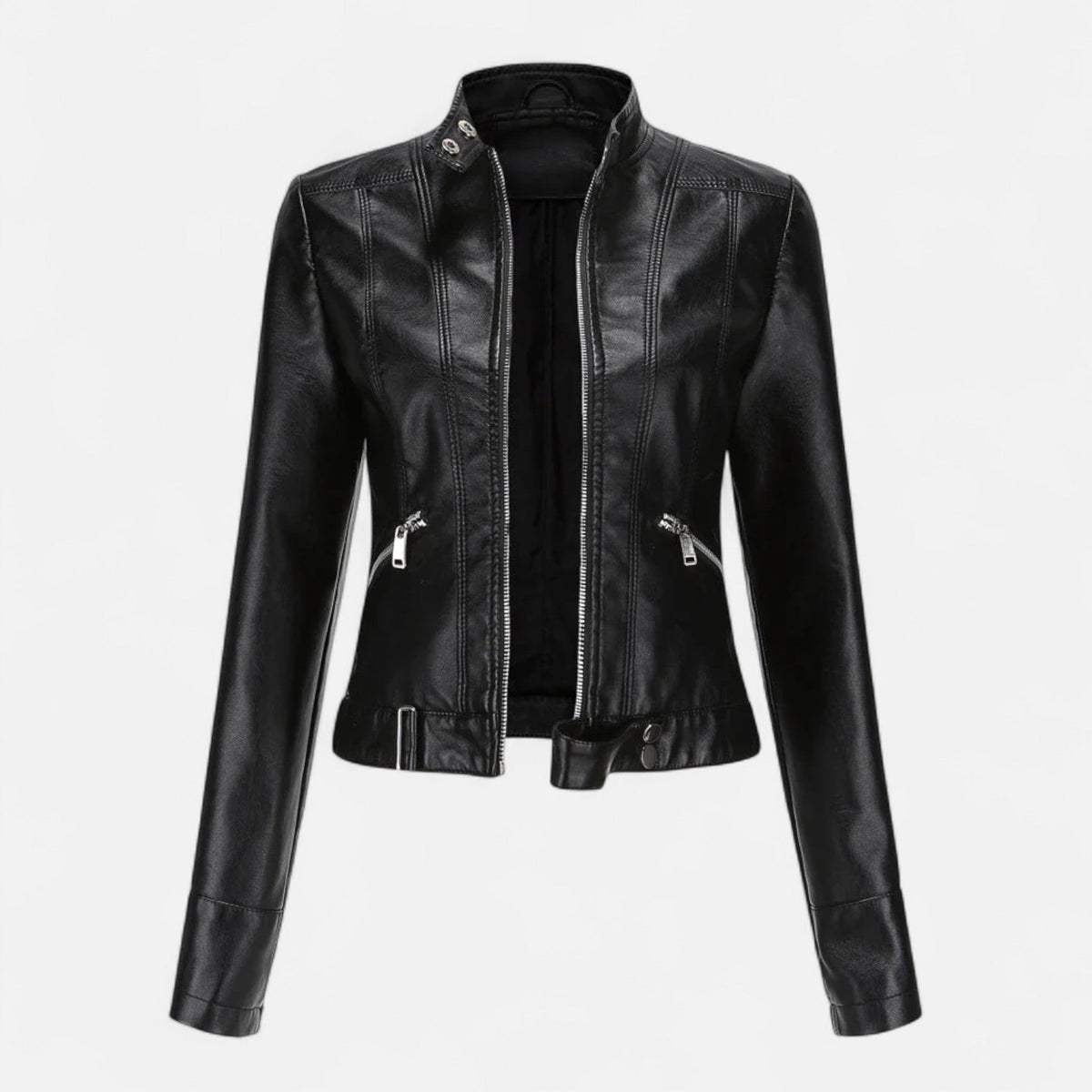 Chaqueta corta para mujer de efecto cuero con cuello alto en negro