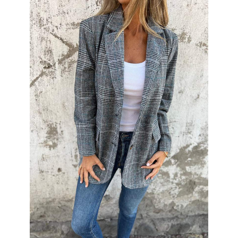 Blazer de cuadros con solapas para mujer en negro – vista frontal
