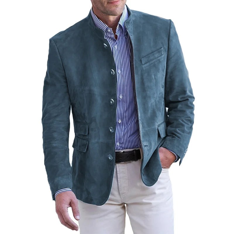 Blazer de efecto ante con cuello mao para hombre en azul petróleo – vista frontal
