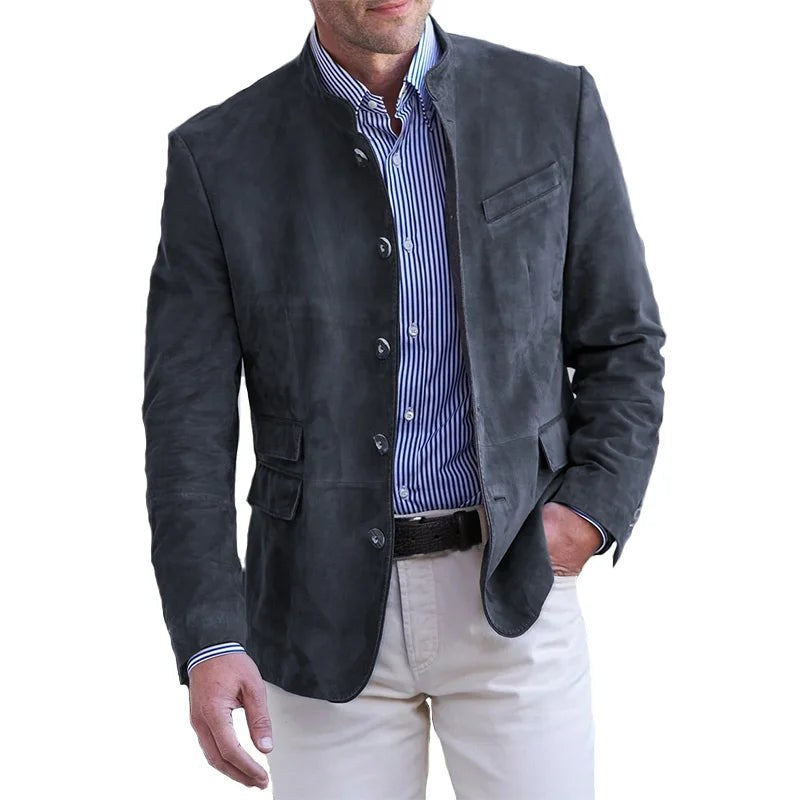 Blazer de efecto ante con cuello mao para hombre en azul marino – vista frontal
