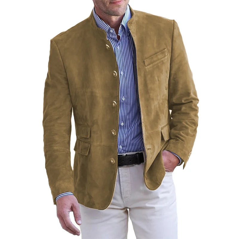 Blazer de efecto ante con cuello mao para hombre en camel – vista frontal