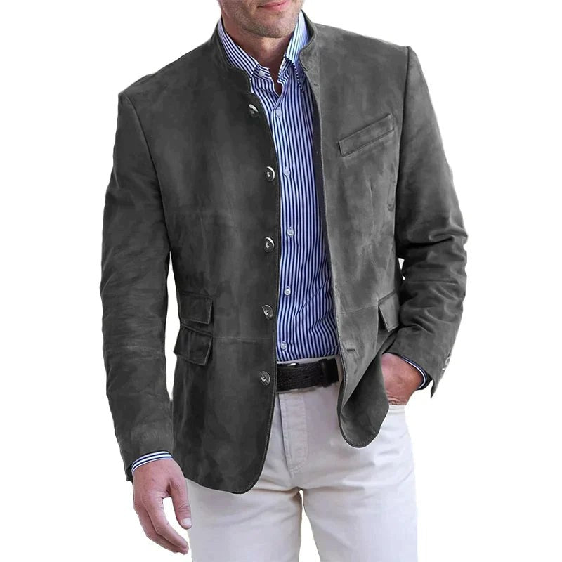 Blazer de efecto ante con cuello mao para hombre en gris oscuro – vista frontal