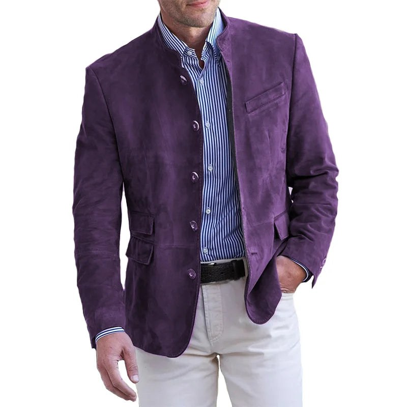 Blazer de efecto ante con cuello mao para hombre en morado – vista frontal