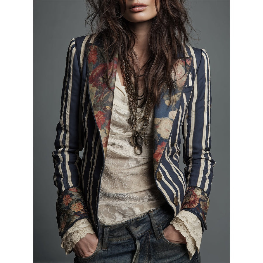 Blazer de rayas para mujer con solapas estampadas y puños de encaje para el día a día